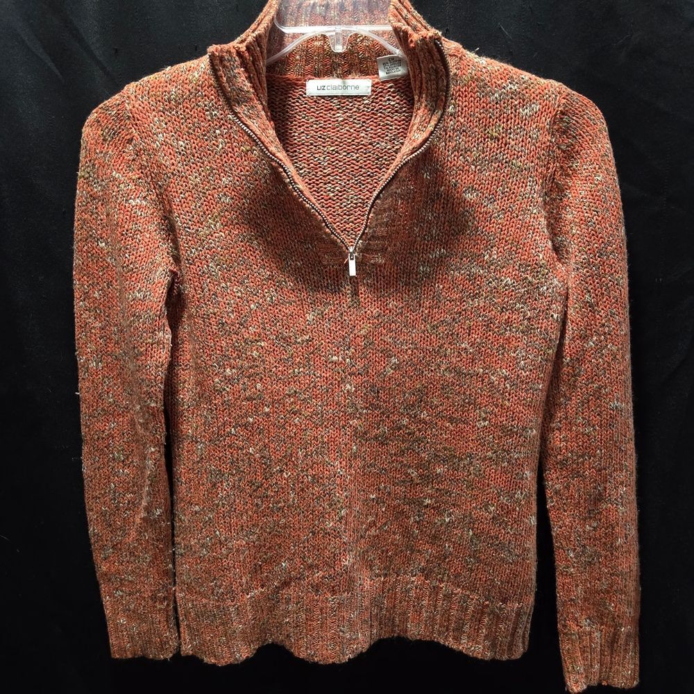 Liz Claiborne Quarter Zip Marl Knit Sweater Terracotta Cotton Sz M Pullover Warm